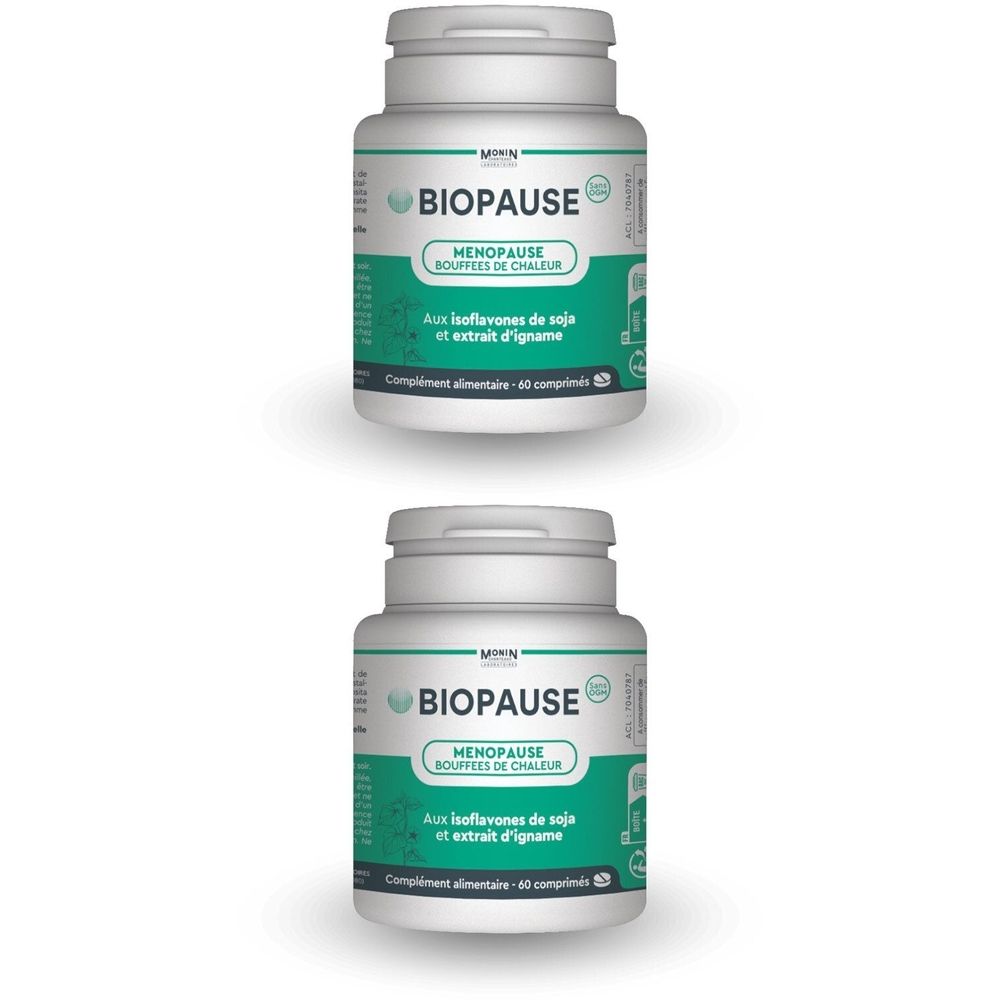 Deux flacons blancs BIOPAUSE. Inscription : Ménopause, bouffées de chaleur. Contient isoflavones de soja et extrait d'igname.
