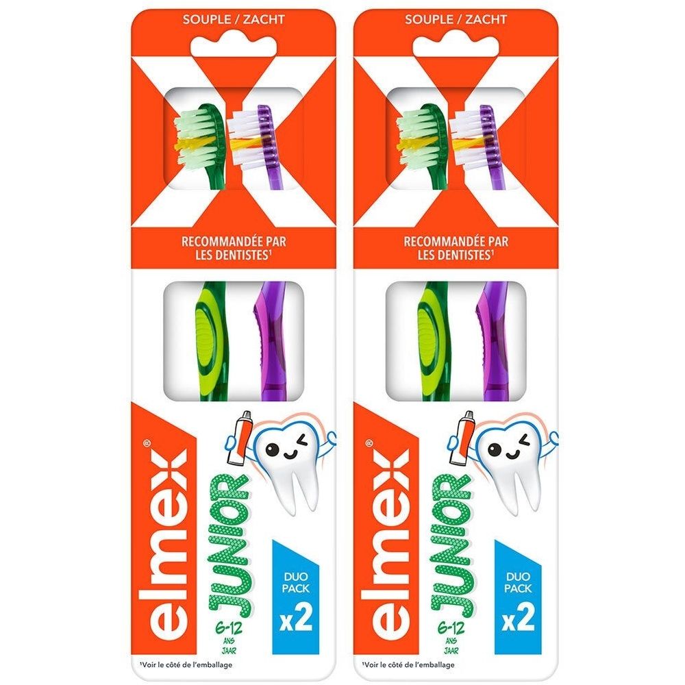 Pack de deux brosses à dents. Brosses à dents vertes et violettes. Emballage avec nom du produit et recommandation d'âge.