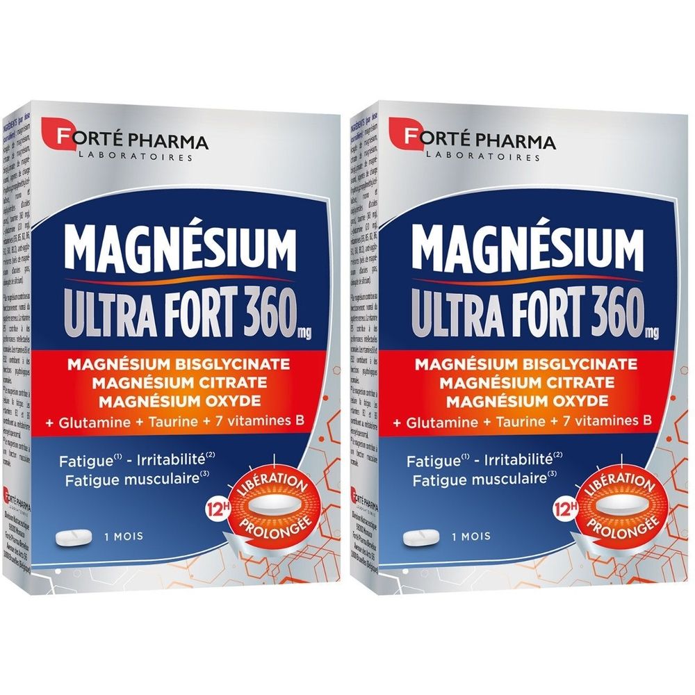 Zwei Schachteln MAGNÉSIUM ULTRA FORT 360. Aufschrift: Magnesium Bisglycinat, Citrat, Oxid. Mit Glutamin, Taurin und Vitaminen B. 12 Tabletten.