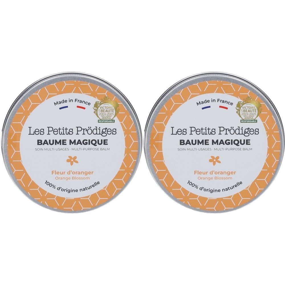 Deux boîtes rondes en métal. Inscription: Les Petits Prödiges, Baume Magique, Fleur d'oranger. Avec label de qualité.