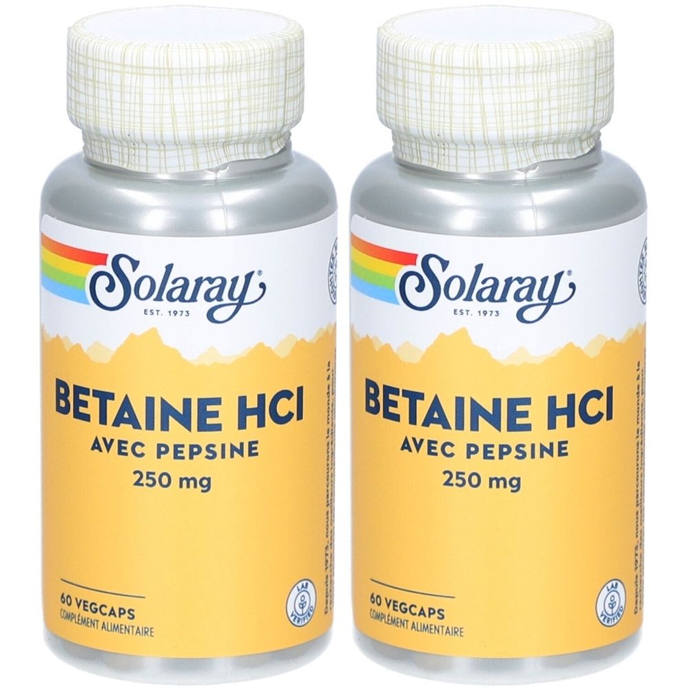Zwei Flaschen mit weißem Deckel und Etikett. Auf dem Etikett steht "Solaray Betaine HCI" und "250 mg".