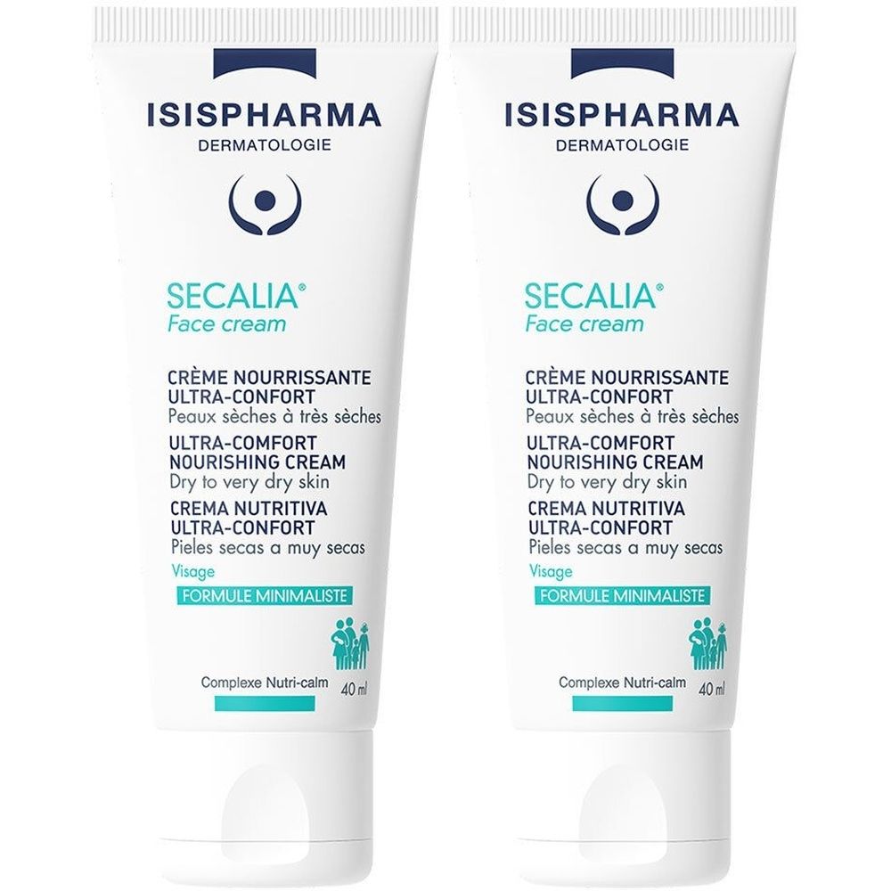 Zwei Tuben ISISPHARMA Secalia Face Cream. Weiße Tuben mit blauer Schrift. Text: Crème Nourrissante, Ultra-Confort, 40 ml.