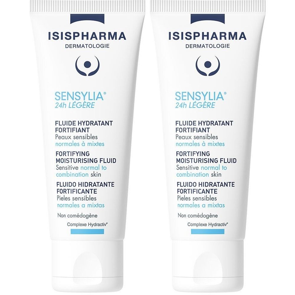 Deux tubes blancs avec texte bleu. ISISPHARMA, SENSYLIA 24h Légère, fluide hydratant fortifiant. Peaux sensibles, normales à mixtes.
