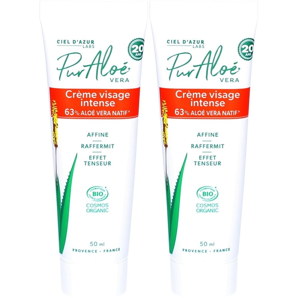 Deux tubes de crème. Inscription: PurAloé, Crème visage intense, 63% Aloe vera natif. Certification Bio. 50 ml.