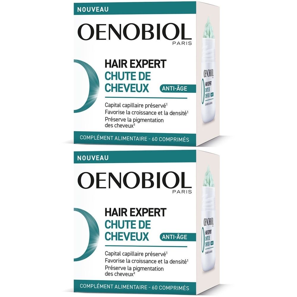 Zwei weiße Schachteln mit Produktinformationen. Aufschrift: OENOBIOL, HAIR EXPERT, Anti-Age. Enthält 60 Tabletten.