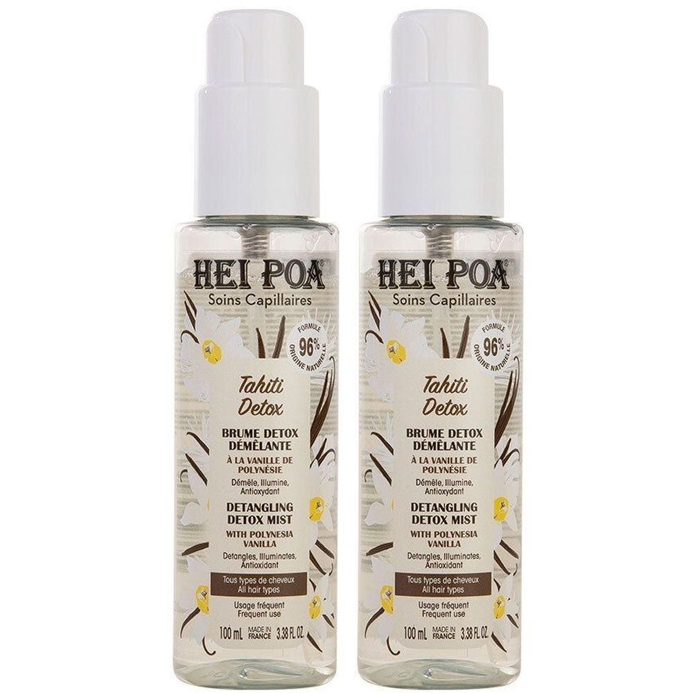 Zwei Sprühflaschen HEI POA Tahiti Detox. Weiße Pumpköpfe, transparente Flaschen mit Etiketten. Text: Detox, Brume Démêlante, 96%.