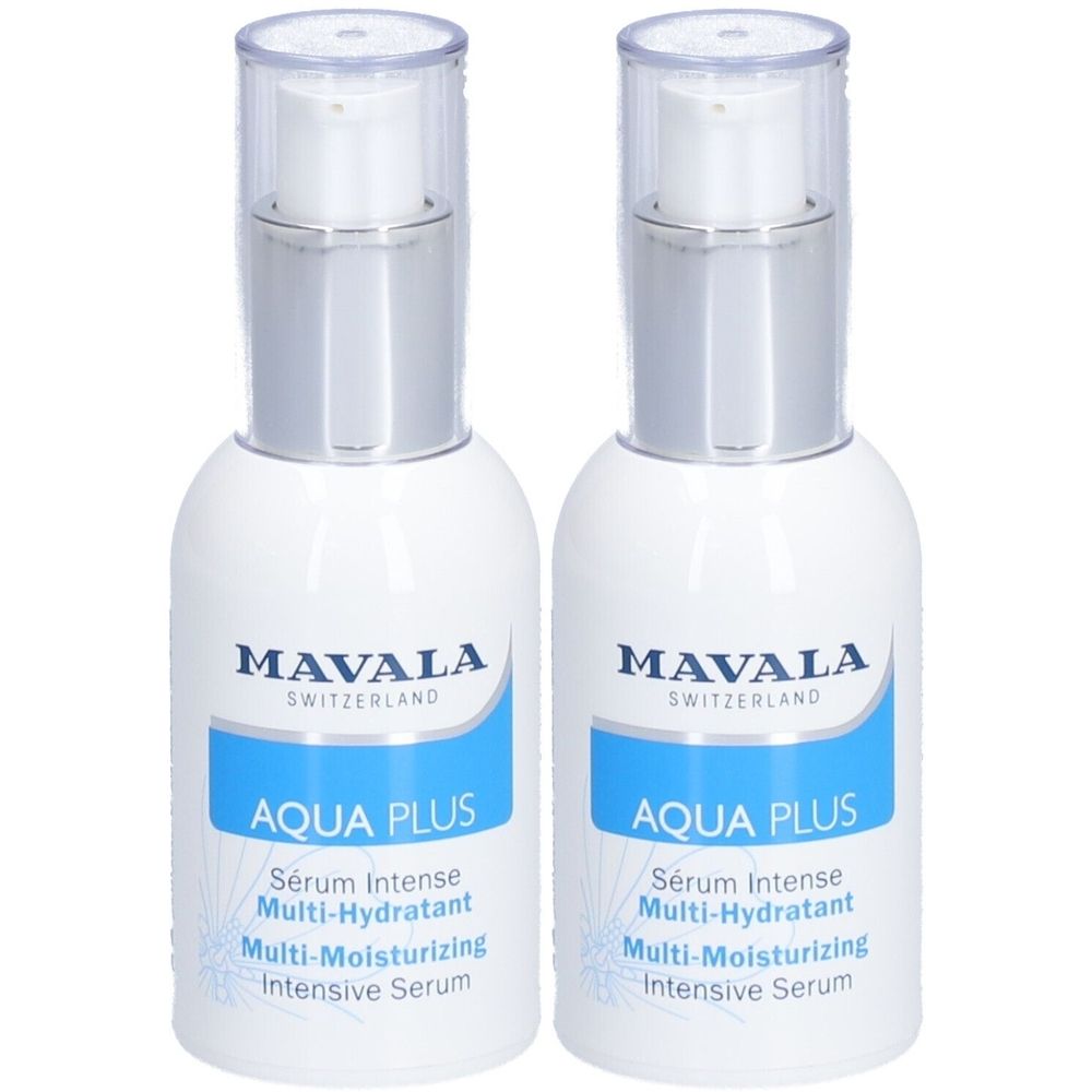 Zwei weiße Flaschen mit silbernen Pumpköpfen. Aufschrift: MAVALA, AQUA PLUS, Sérum Intense Multi-Hydratant, Multi-Moisturizing Intensive Serum.