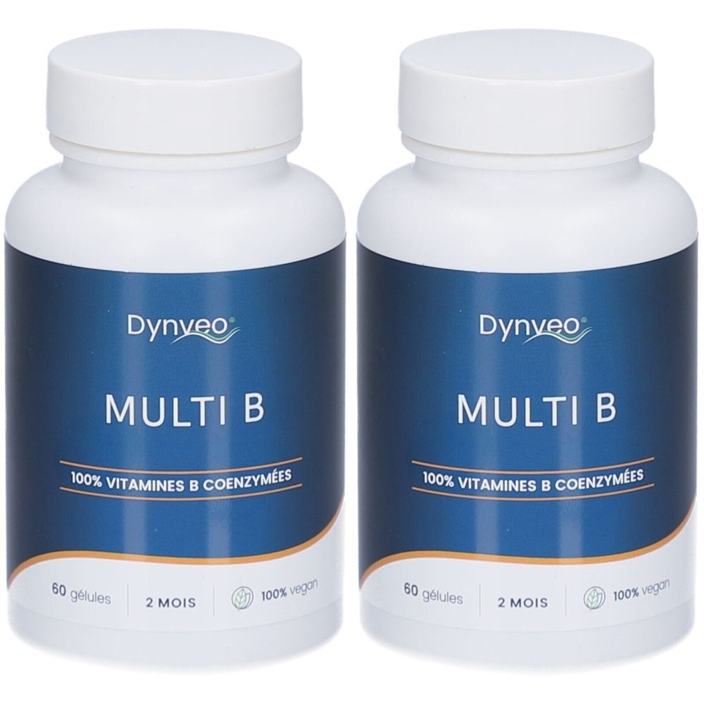 Deux flacons blancs avec étiquette bleue. Inscription: Dynveo, Multi B, 100% Vitamines B Coenzymées, 60 gélules, 2 mois, 100% vegan.