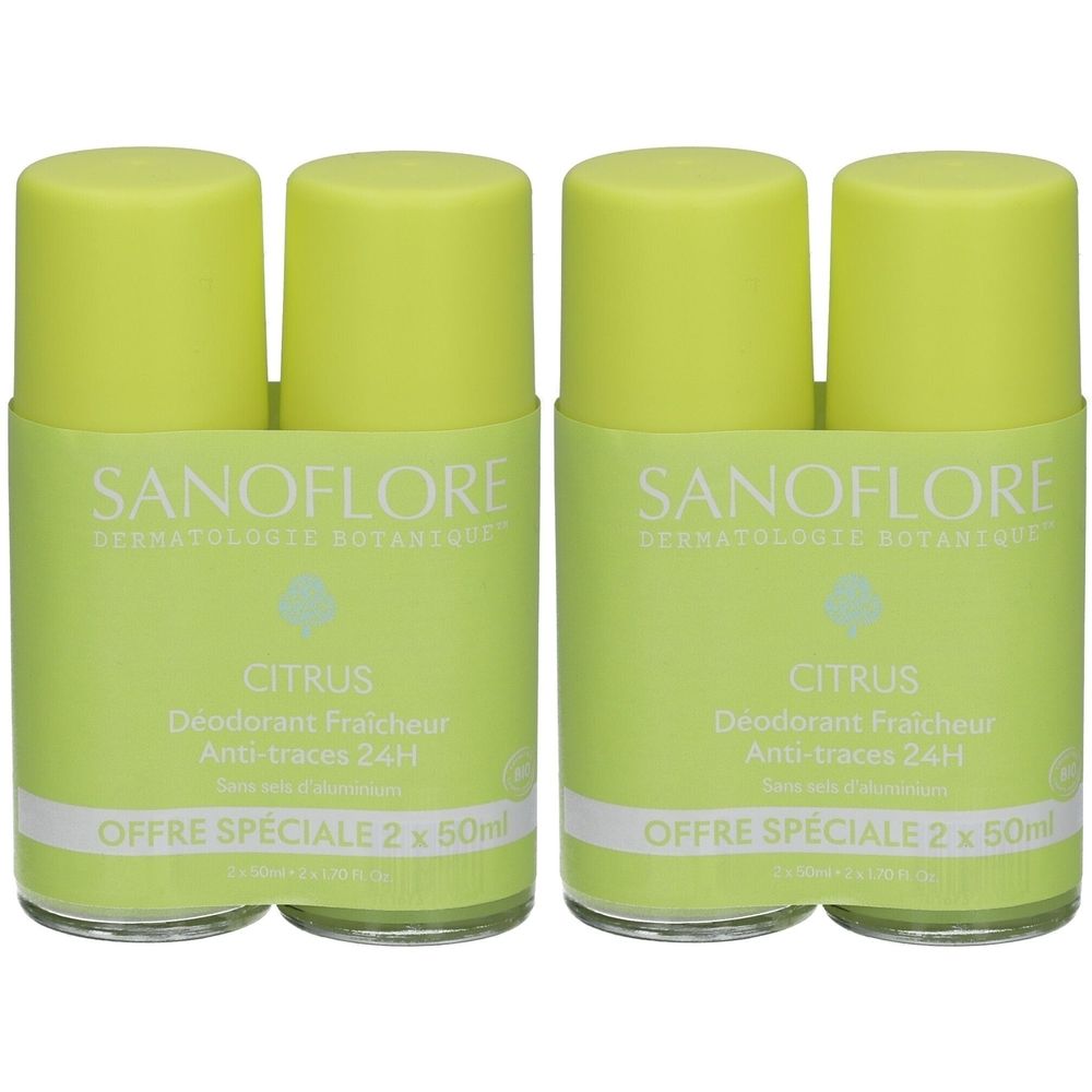 Zwei Roll-On-Deodorants. Hellgrüne Flaschen mit gelben Kappen. Aufschrift: SANOFLORE, CITRUS, Déodorant Fraicheur, Anti-traces 24H, Offre Spéciale 2 x 50ml.
