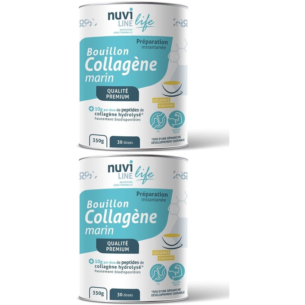 Zwei Dosen NUVILINE Bouillon Collagène Marin. Weiße Dosen mit blau-grüner Beschriftung. Text: Bouillon Collagène Marin, 350g, 30 Dosen.