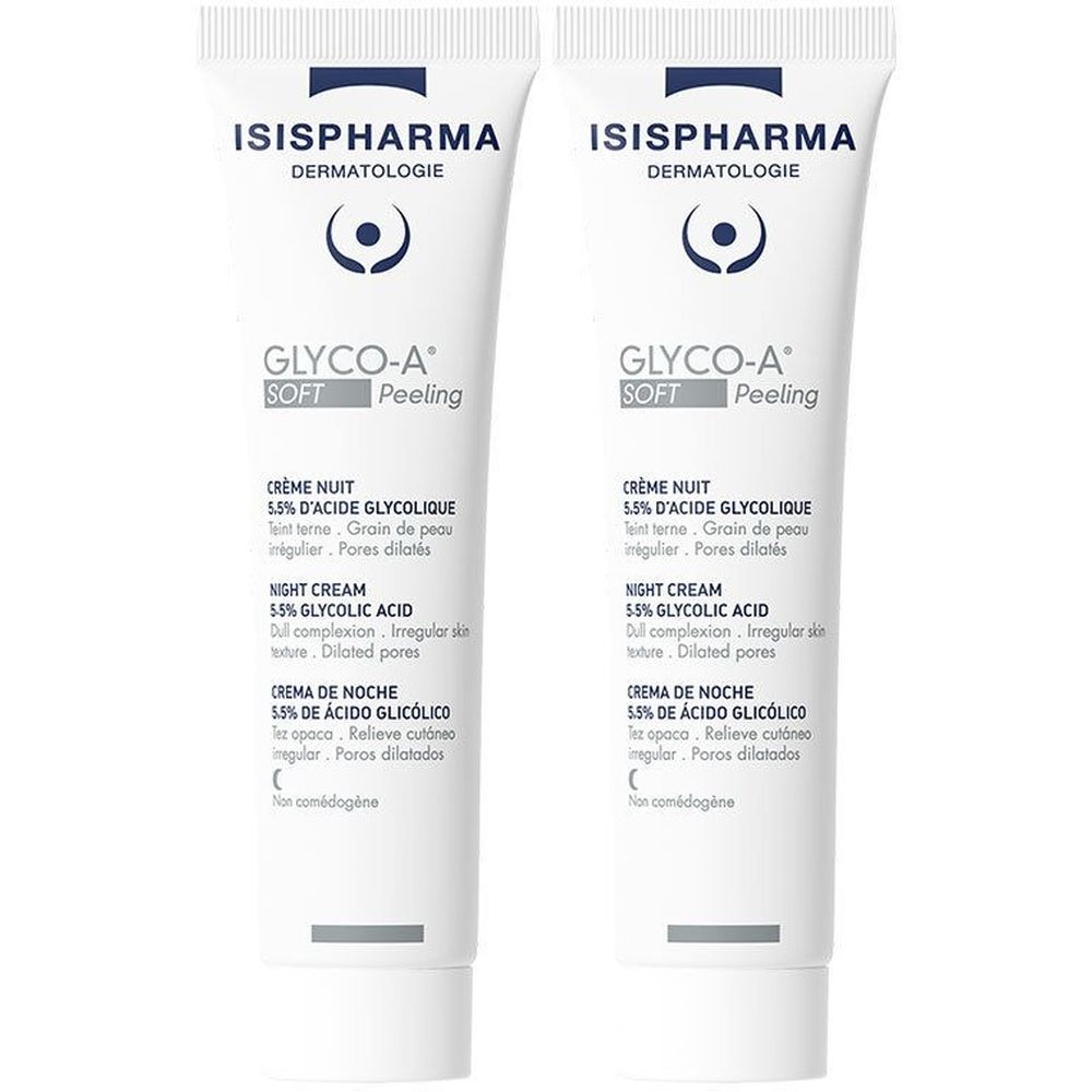 Deux tubes blancs avec logo ISISPHARMA et nom du produit GLYCO-A Soft Peeling. Texte en français, anglais et espagnol.