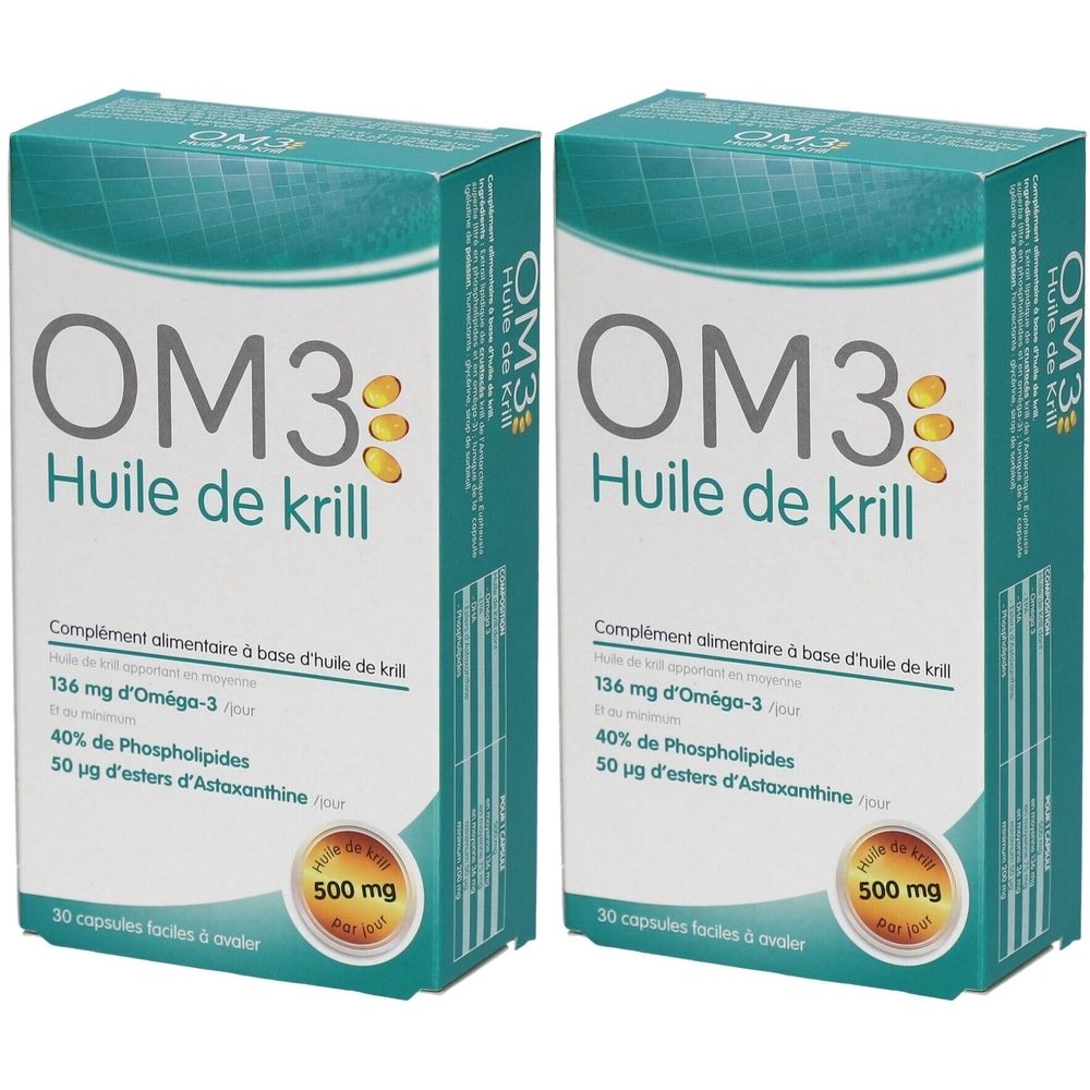 Zwei Schachteln mit OM3 Huile de Krill. Aufschrift: Ergänzungsmittel auf Krillölbasis. Enthält 136 mg Omega-3, 40 % Phospholipide und 50 µg Astaxanthin-Ester. 30 Kapseln.