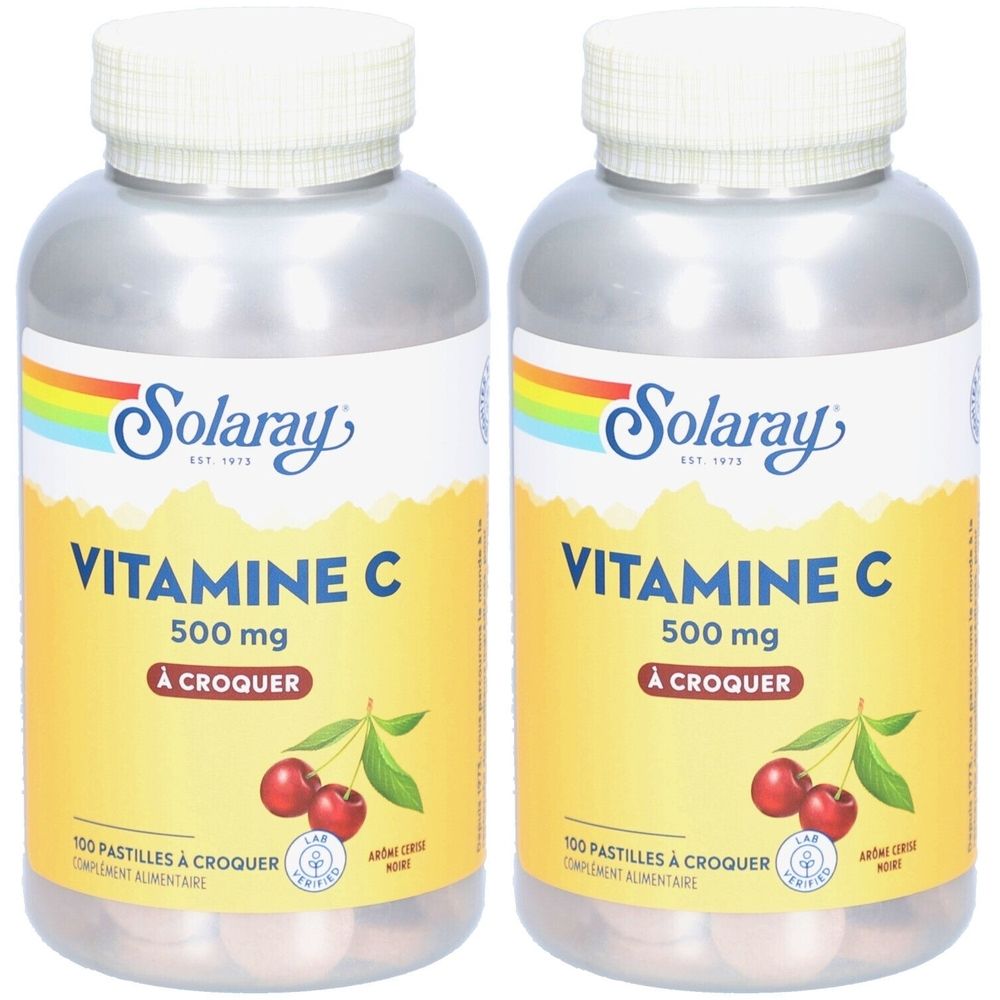 Zwei Flaschen mit Vitamin C 500 mg zum Kauen. Aufschrift: Solaray, Vitamine C, 500 mg, A Croquer. Kirschabbildung.