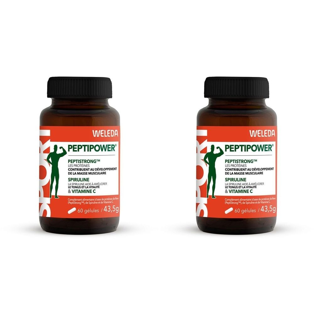 Zwei braune Flaschen mit schwarzem Deckel. Aufschrift: WELEDA PEPTIPOWER, PEPTISTRONG, Spirulina, Vitamin C. 60 Kapseln/43,5g.