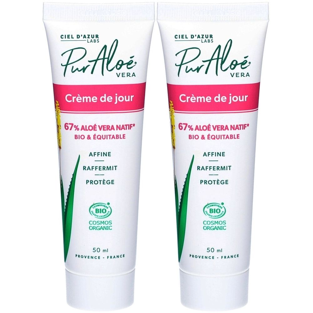 Zwei Tuben CIEL D'AZUR PurAloé Crème Visage. Weiß, mit rosa Streifen und Text. Enthält 67% Aloe Vera. Bio-Zertifizierung.