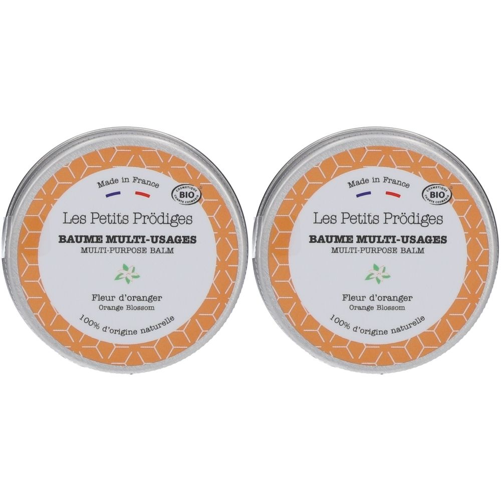 Zwei runde Dosen mit Deckel. Aufschrift: Les Petits Prödiges, BAUME MULTI-USAGES, Fleur d'oranger. Bio-Siegel und „Made in France“.