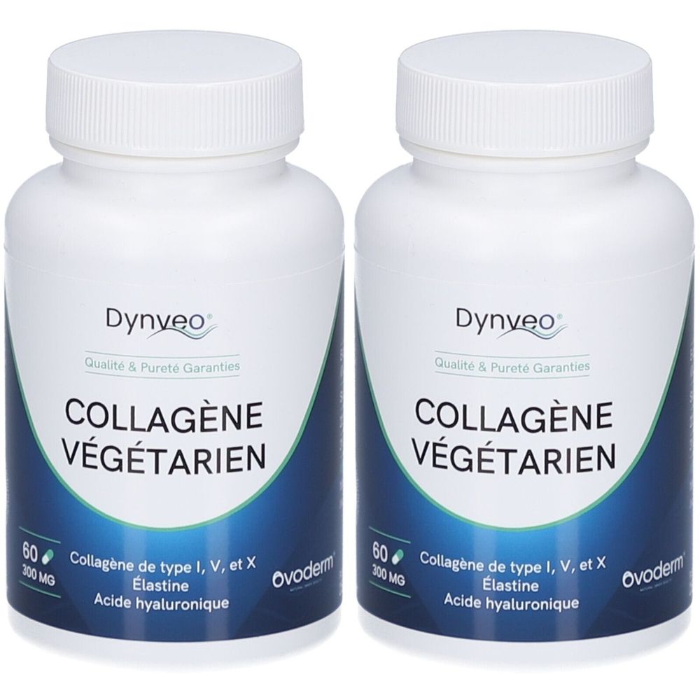 Zwei weiße Flaschen mit blauem Etikett. Aufschrift: COLLAGÈNE VÉGÉTARIEN, Dynveo. Enthält 60 Kapseln. Mit Ovoderm-Logo.