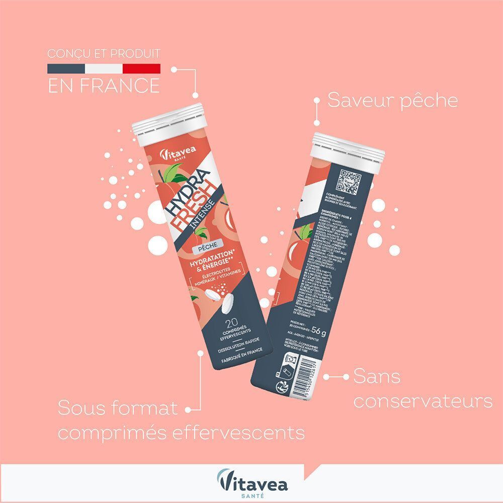 Zwei Vitavea Hydra Fresh Pfirsich-Röhrchen, eines davon geöffnet, mit Aufschriften zu Inhaltsstoffen und Herstellung in Frankreich.