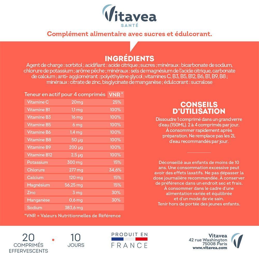Vitavea Hydrafresh Intense Pfirsich: 20 Brausetabletten für Hydration und Energie. Enthält 8 Vitamine, 5 Elektrolyte und 2 Spurenelemente.