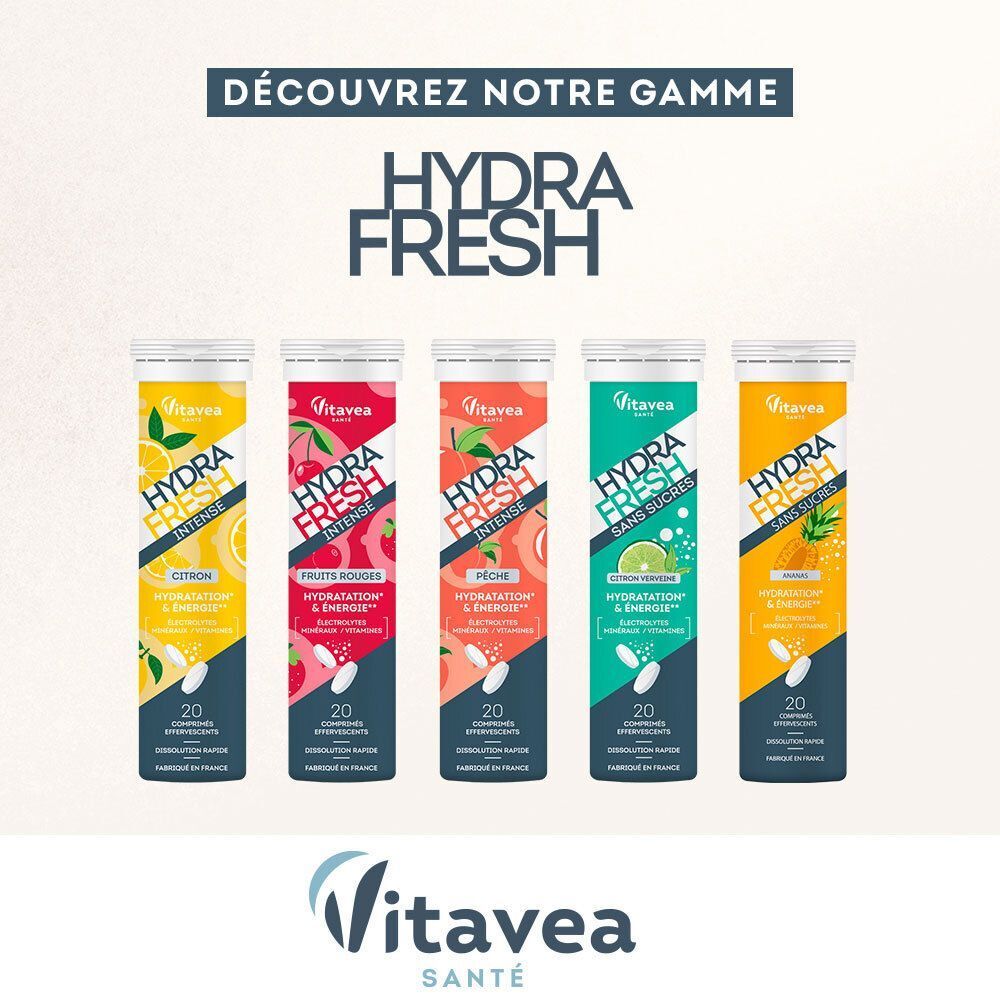 Fünf Vitavea Hydra Fresh Brausetabletten-Röhren in verschiedenen Geschmacksrichtungen: Zitrone, rote Früchte, Pfirsich, Zitrone-Limette, Orange.