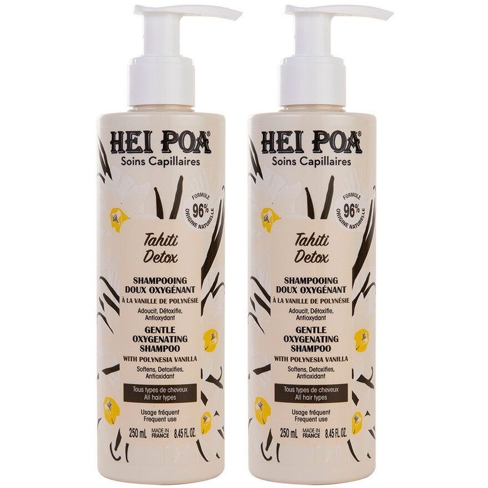 Zwei Flaschen Shampoo mit Pumpverschluss. Aufschrift: HEI POA, Tahiti Detox, sanftes Sauerstoff-Shampoo. 96% natürliche Inhaltsstoffe.