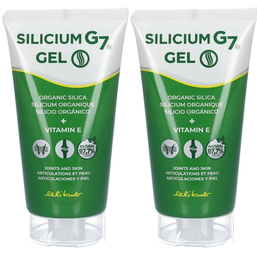 Zwei Tuben Silicium G7 Gel. Grün-weiße Verpackung mit Produktnamen und Inhaltsstoffen. Enthält Vitamin E. Natürliche Inhaltsstoffe.