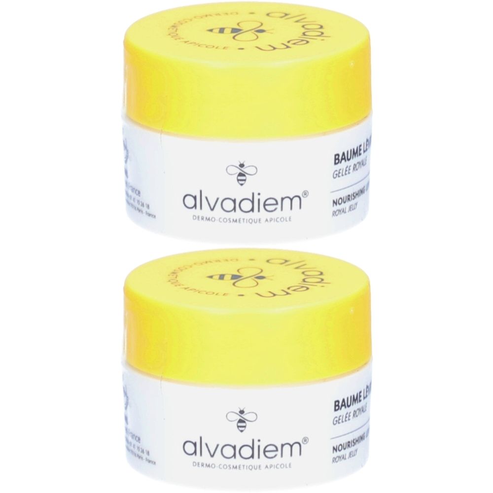 Zwei Tiegel mit gelben Deckeln und weißem Etikett. Aufschrift: alvadiem, Baume Lèvres Nourrissant, Gelee Royale.