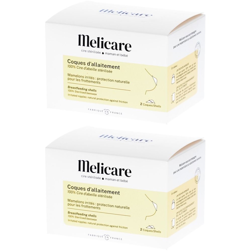 Zwei weiße Kartons mit Produktaufdruck. Aufschrift: Melicare, Coques d'allaitement, 100% Cire d'abeille stérilisée. Illustration einer Brust.