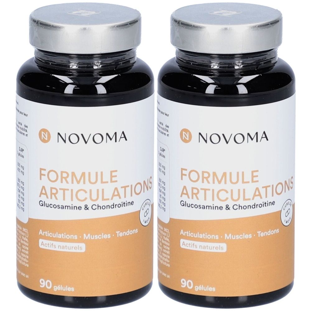 Deux flacons noirs avec des couvercles argentés. Les étiquettes indiquent "NOVOMA Formule Articulations" et "90 gélules".