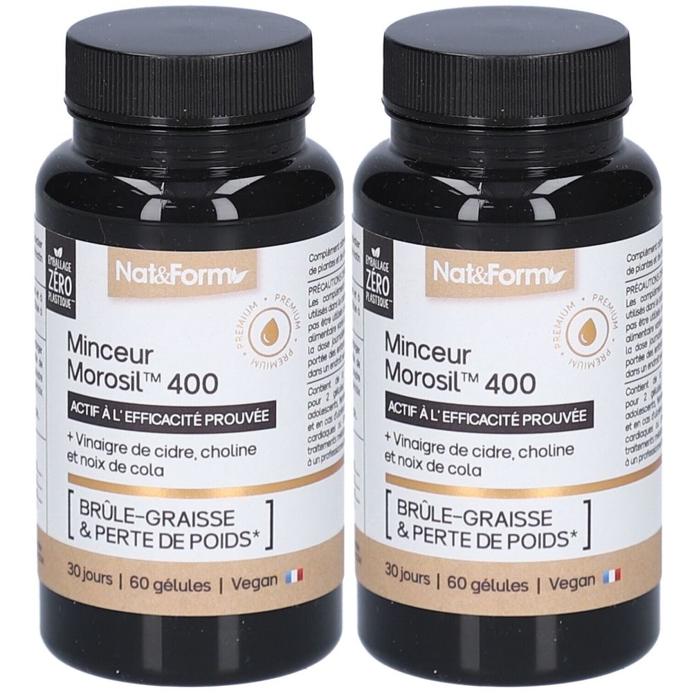 Deux flacons noirs avec étiquettes. Inscription: Nat&Form Minceur Morosil 400. Contient des gélules. Vegan.