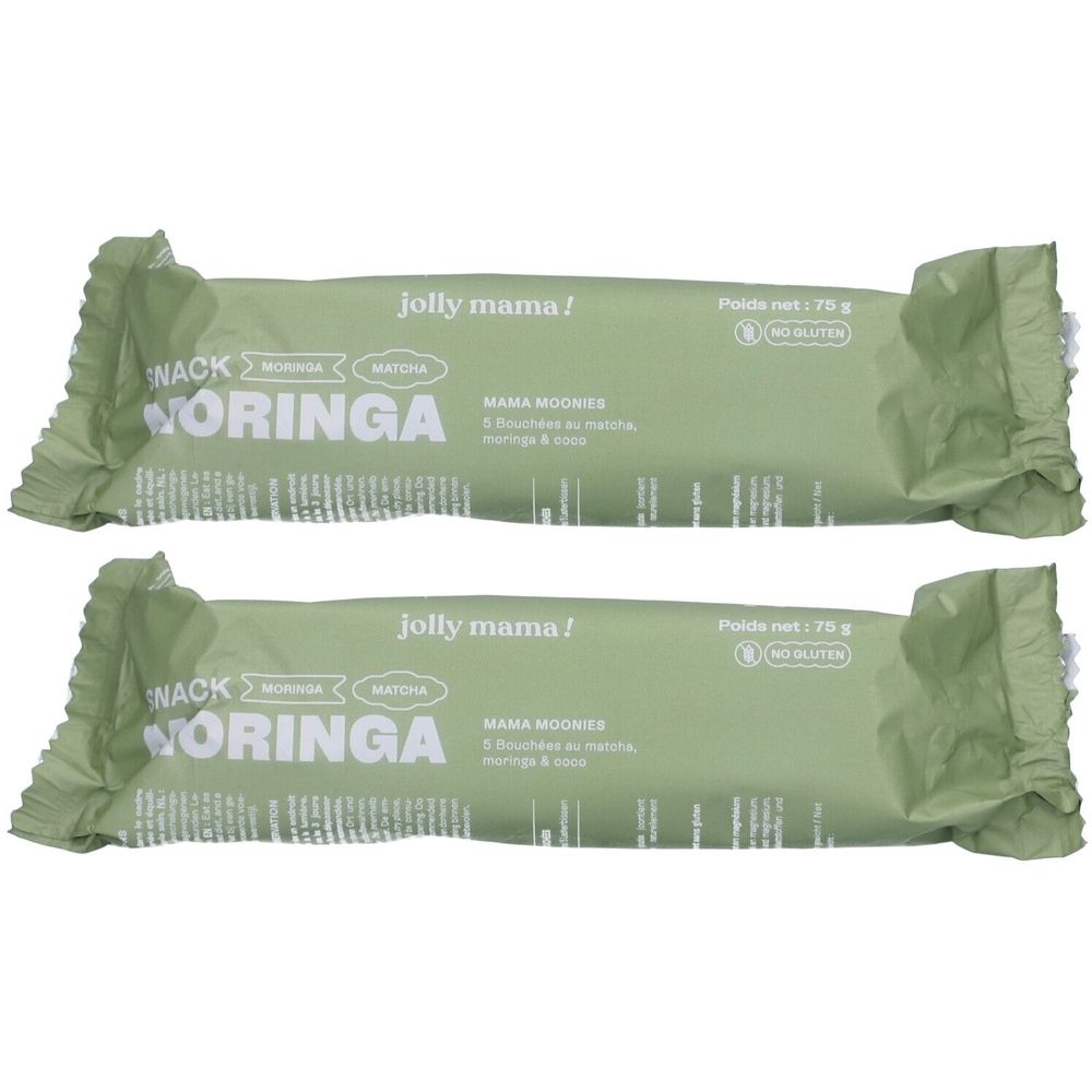 Deux barres de collation vertes avec l'inscription "MORINGA" et "jolly mama!". Emballage avec logo "NO GLUTEN".
