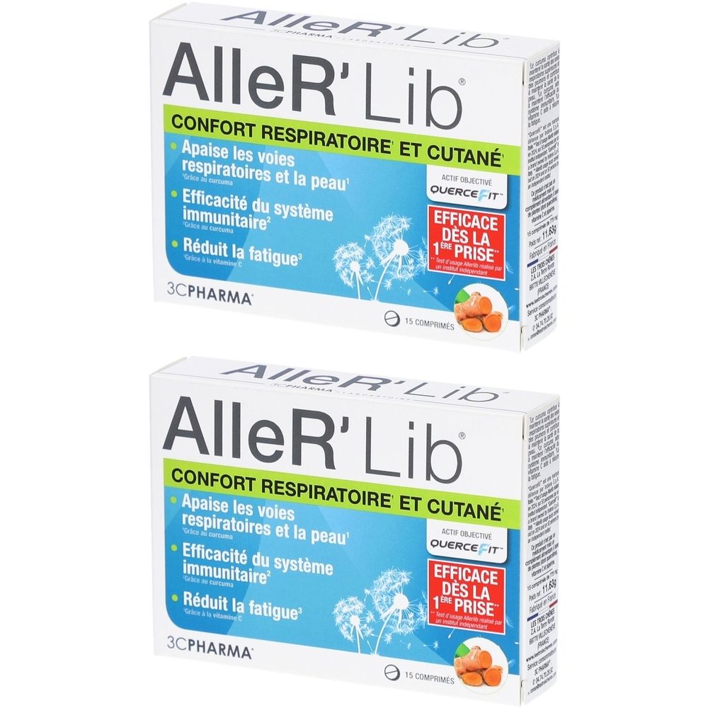 Zwei Schachteln mit der Aufschrift AlleR'Lib. Aufschrift: Confort Respiratoire et Cutané. Enthält 15 Tabletten. Marke 3C Pharma.
