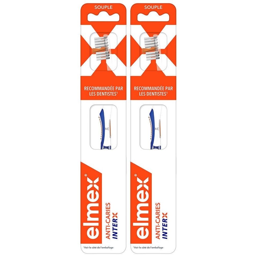 Zwei Zahnbürsten in Verpackung. Marke Elmex, Anti-Karies InterX. Aufschrift: Empfohlen von Zahnärzten. Borsten: weich.