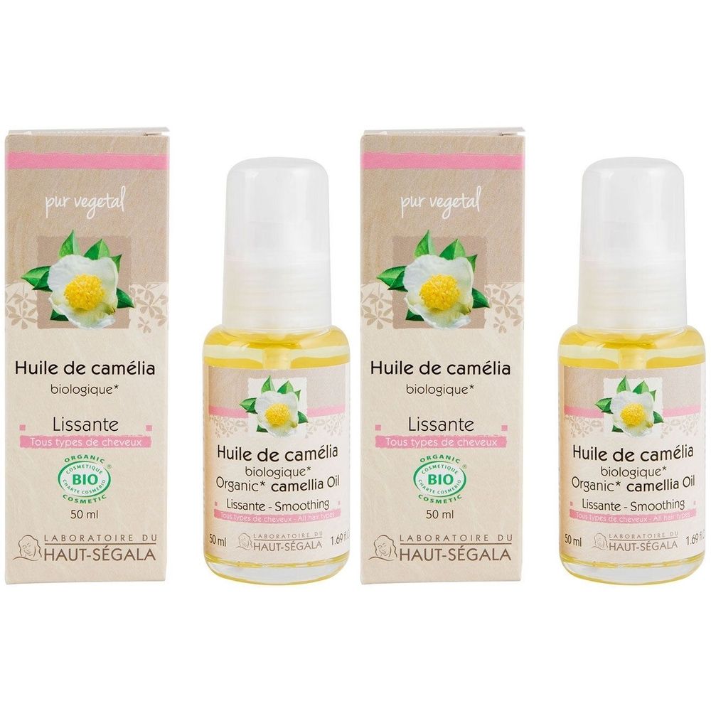 Quatre flacons et emballages. Inscription: Huile de camélia biologique, Lissante, certification BIO. Marque: Laboratoire du Haut-Ségala.