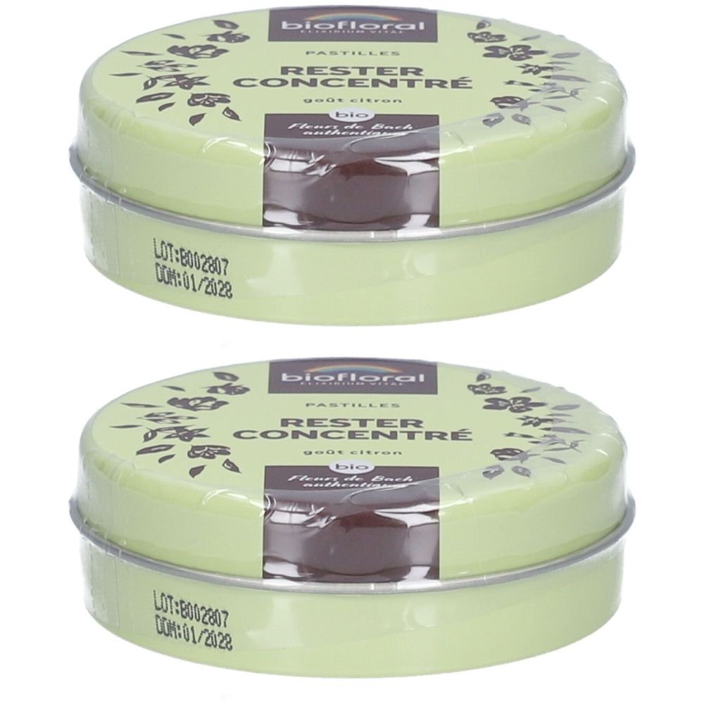 Zwei runde, grüne Dosen mit Aufschrift BIOFLORAL, RESTRE CONCENTRÉ. Auf jeder Dose steht ein Verfallsdatum.
