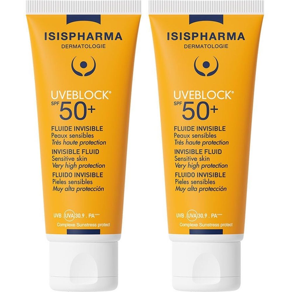 Zwei Tuben ISISPHARMA Uveblock SPF 50+. Gelbe Tuben mit weißem Verschluss. Text: SPF 50+, Fluide Invisible.