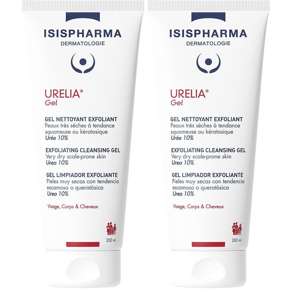 Deux tubes de gel Urelia. Blanc, avec texte rouge et bleu. Contient des informations sur les ingrédients et l'utilisation.