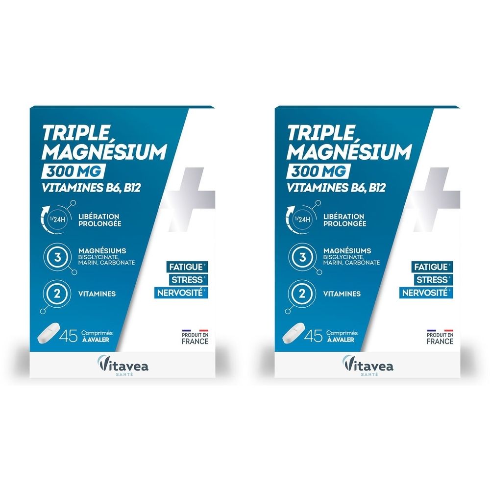 Zwei Packungen VITAVEA Triple Magnésium. Blaue Verpackung mit weißem Kreuz. Text: Triple Magnésium 300 MG, Vitamine B6, B12, 45 Tabletten.