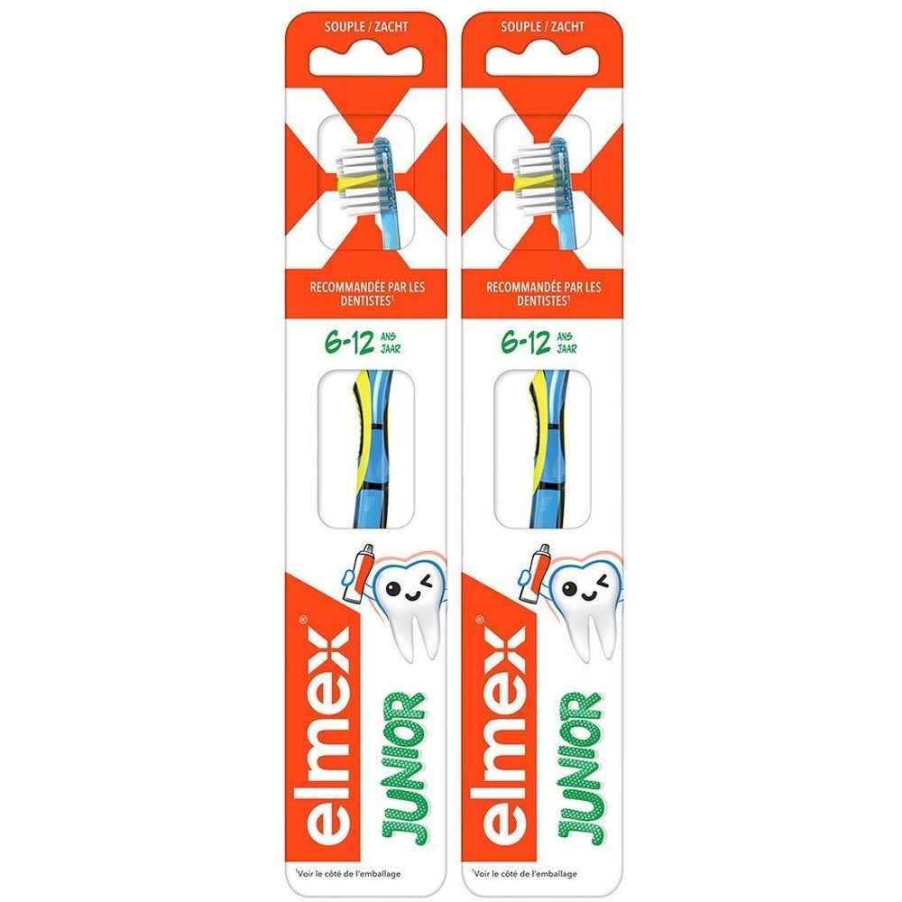 Zwei Zahnbürsten in Verpackung. Blaue, gelbe und grüne Borsten. Aufschrift: Elmex Junior, 6-12 Jahre, empfohlen von Zahnärzten.