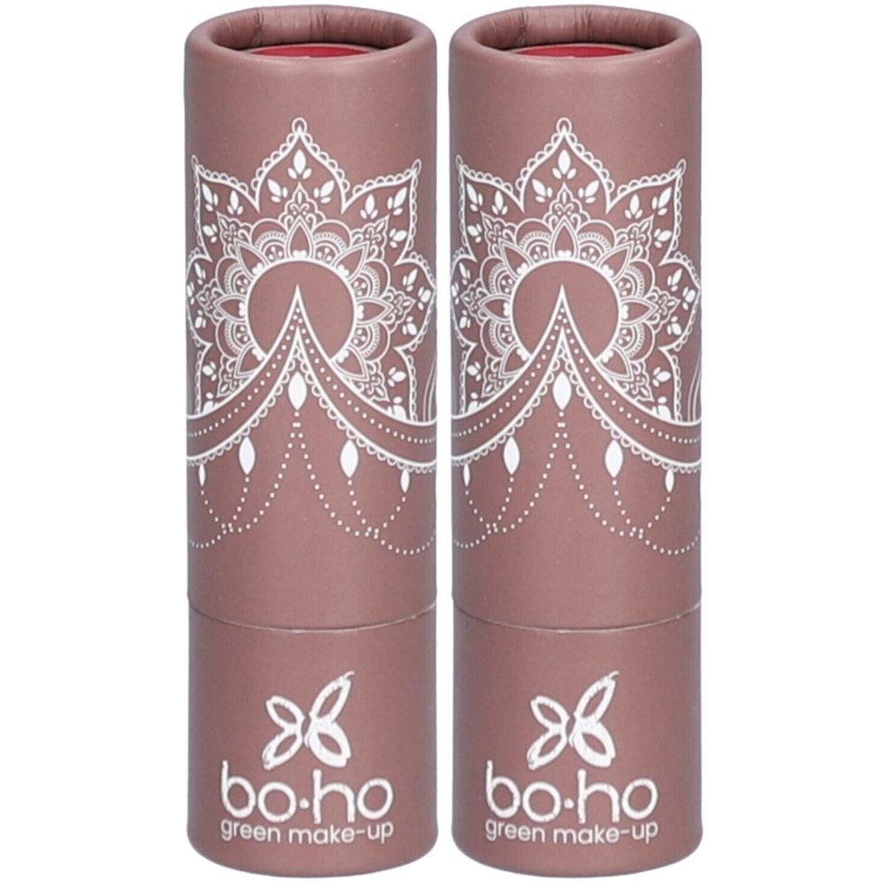 Deux étuis cylindriques de rouge à lèvres. Motif mandala et logo "bo-ho green make-up" imprimés.