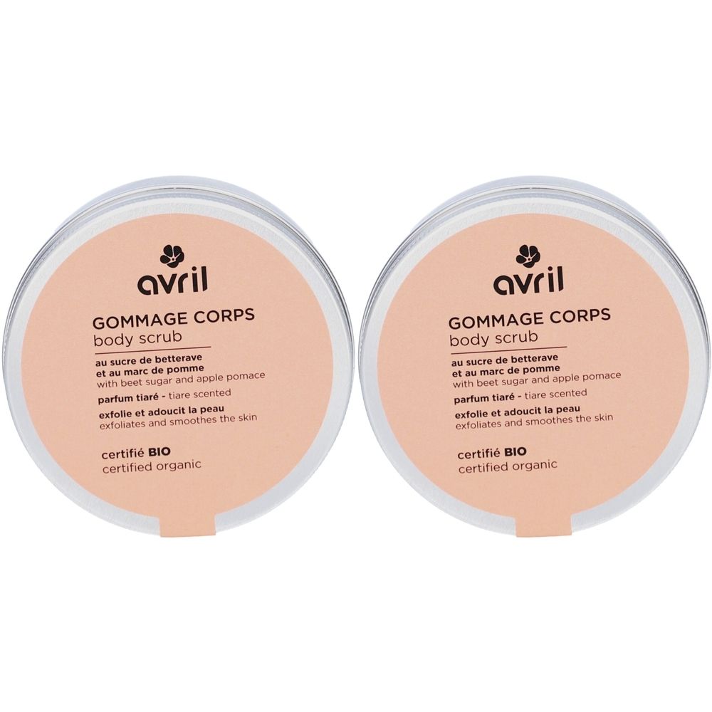Zwei runde Tiegel mit rosa Deckel. Aufschrift: avril, Gommage Corps, zertifiziert BIO. Text: au sucre de betterave, parfum tiaré, exfolie et adoucit la peau.
