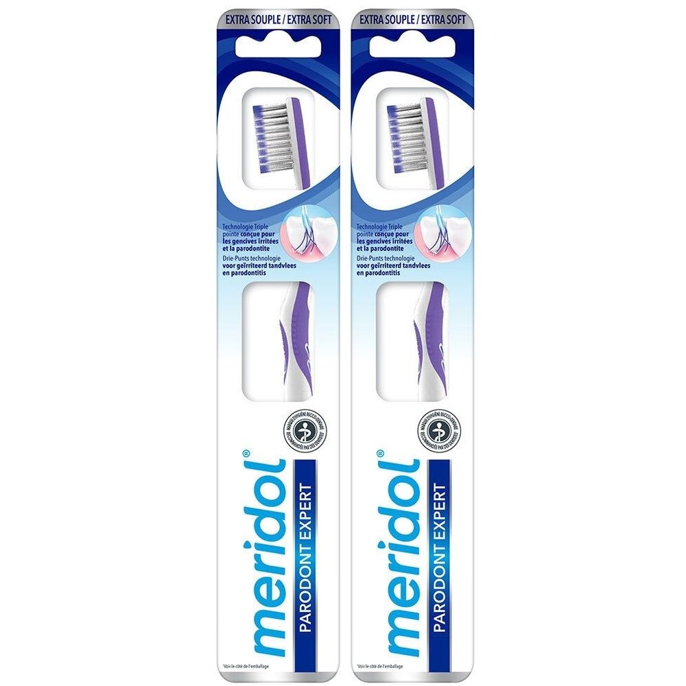 Zwei Zahnbürstenpackungen. Aufschrift: meridol PARODONT EXPERT. Extra Souple/Extra Soft. Lila und weiße Zahnbürstenköpfe.
