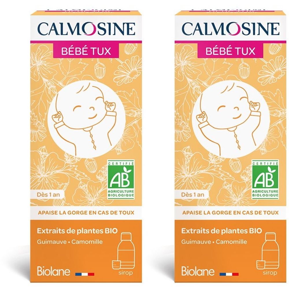 Deux boîtes Calmosine Bébé Tux. Illustration bébé, label AB, texte: Extraits de plantes BIO, Biolane. Couleur dominante: orange.