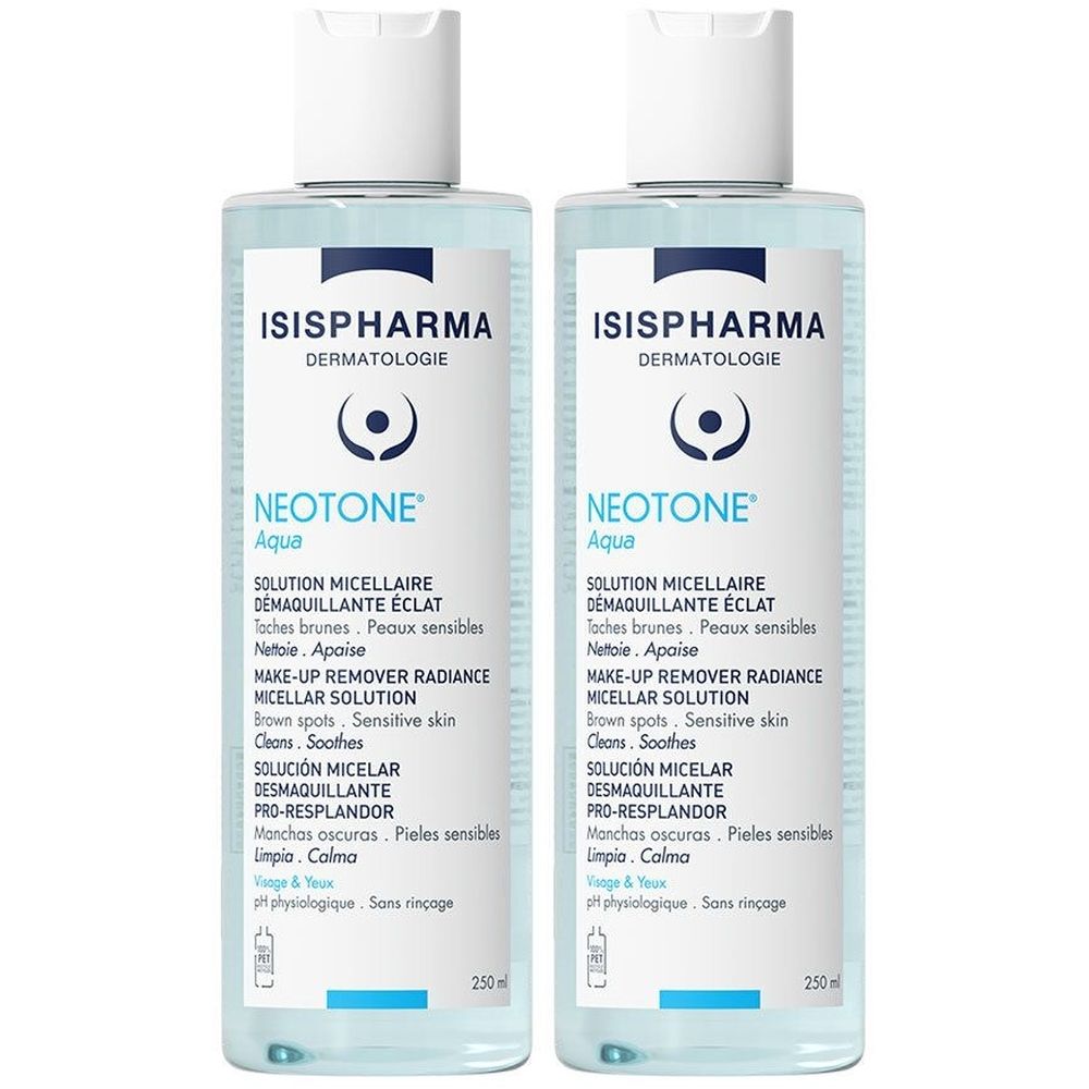 Zwei Flaschen ISISPHARMA Neotone Aqua. Klare Flüssigkeit in transparenten Flaschen mit weißem Deckel. Produktbezeichnungen in mehreren Sprachen.