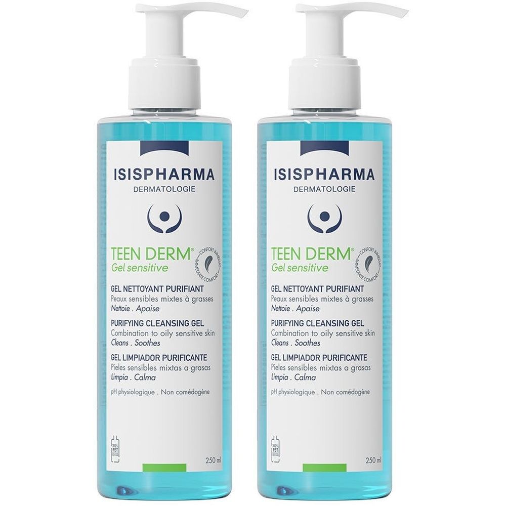 Zwei Flaschen Teen Derm Gel Sensitive. Blaue Flüssigkeit in durchsichtigen Flaschen mit weißem Pumpverschluss. Text: ISISPHARMA, Teen Derm, Gel nettoyant purifiant.