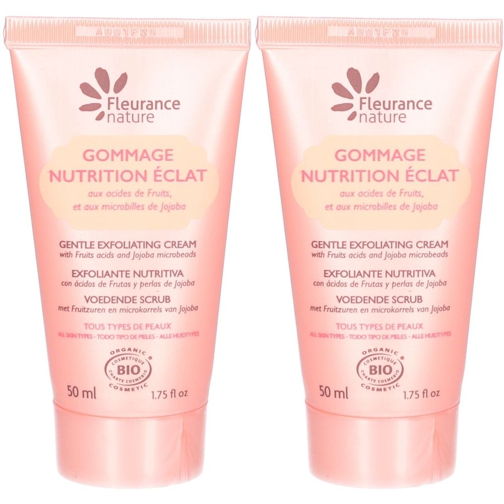 Zwei rosa Tuben mit Produkttext. Aufschrift: Gommage Nutrition Éclat, Gentle Exfoliating Cream. Bio-Zertifizierung. Volumen: 50 ml.