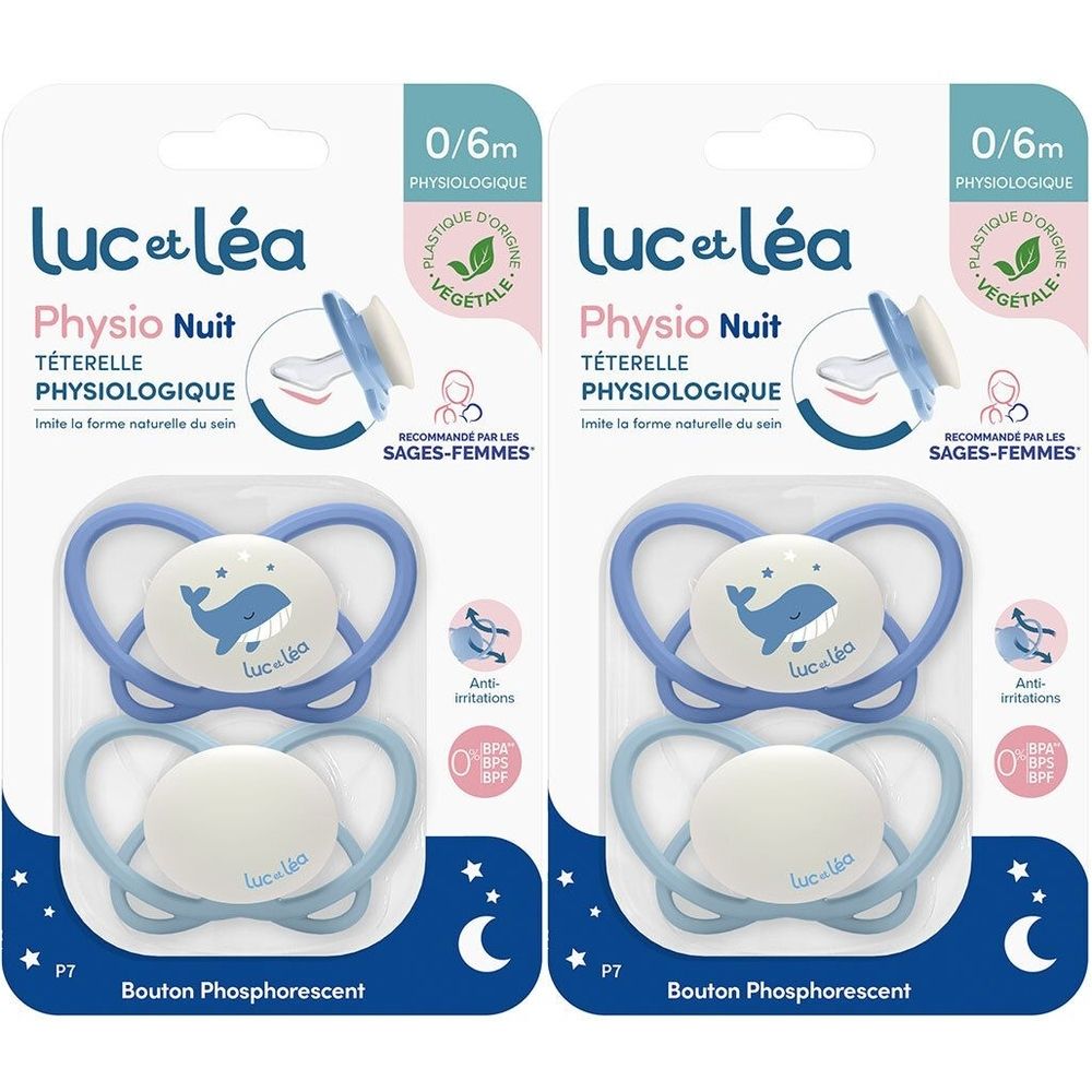 Zwei Schnuller in Verpackung. Blau-weiße Farben. Wal-Motiv. Marke: Luc et Léa. Altersempfehlung: 0/6m. Physiologisch.