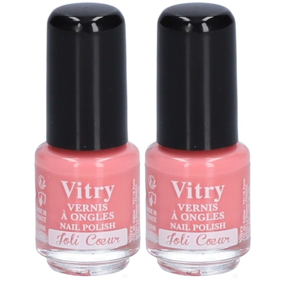 Zwei Fläschchen Nagellack mit schwarzem Deckel. Aufschrift: Vitry, Vernis à Ongles, Nail Polish, Joli Coeur. Rosa Farbton.