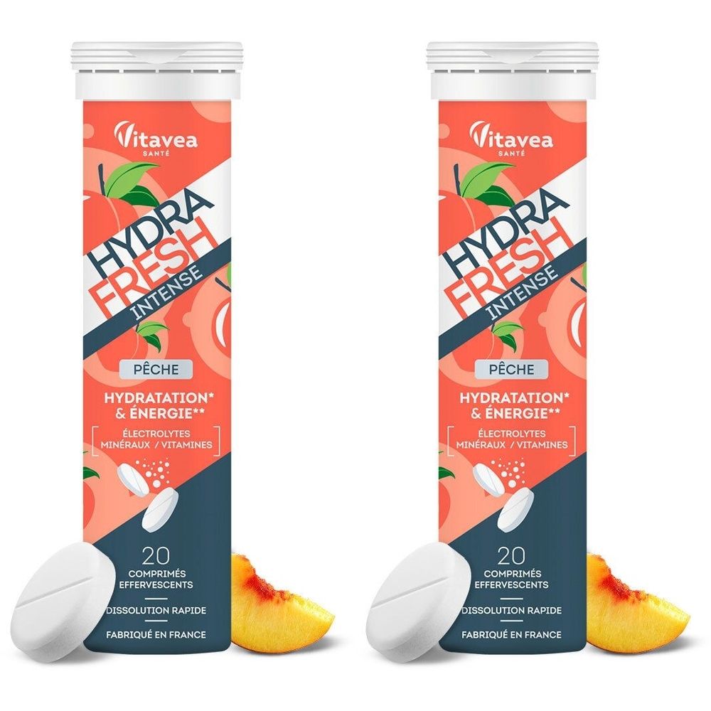 Zwei Tuben VITAVEA HydraFresh Intense Pêche. Aufschrift: Hydra Fresh Intense, Pêche, 20 Brausetabletten. Mit Pfirsichstück und Tablette.