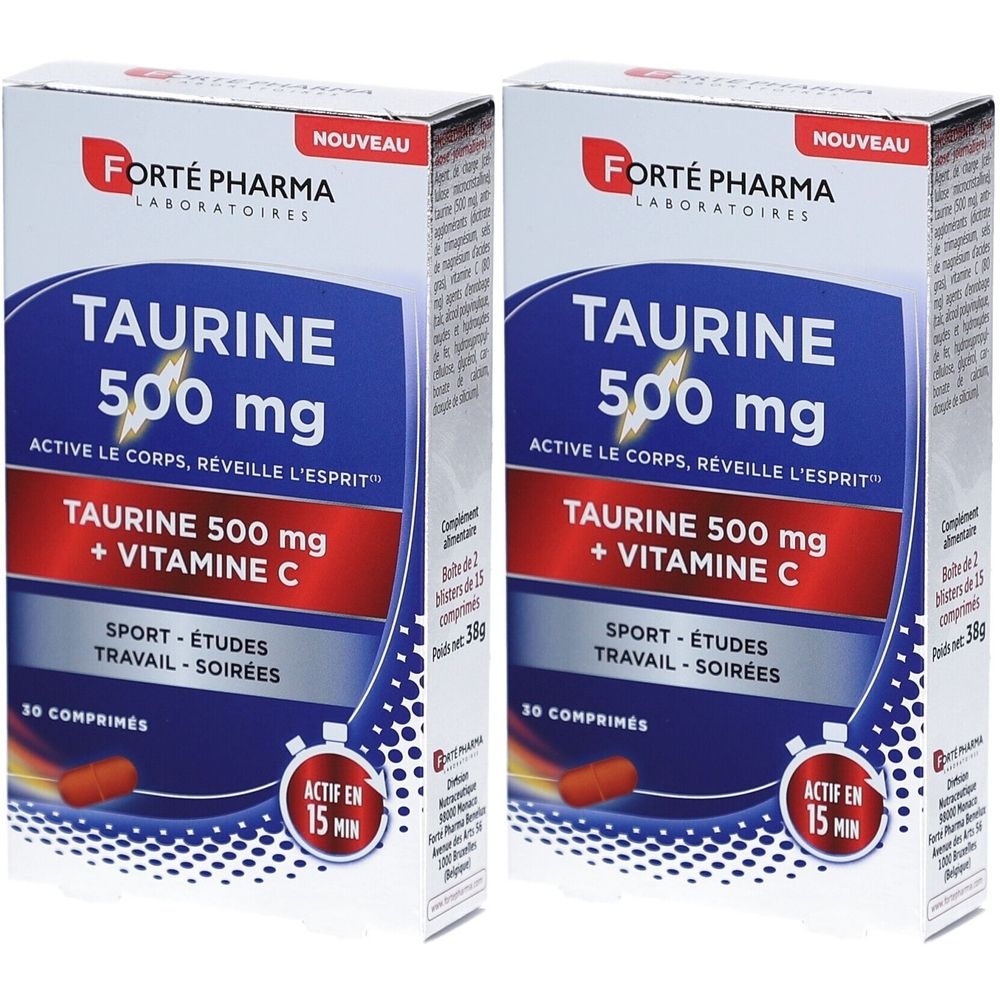 Zwei Schachteln mit der Aufschrift "TAURINE 500 mg + VITAMIN C". Enthält 30 Tabletten. Marke: FORTÉ PHARMA.